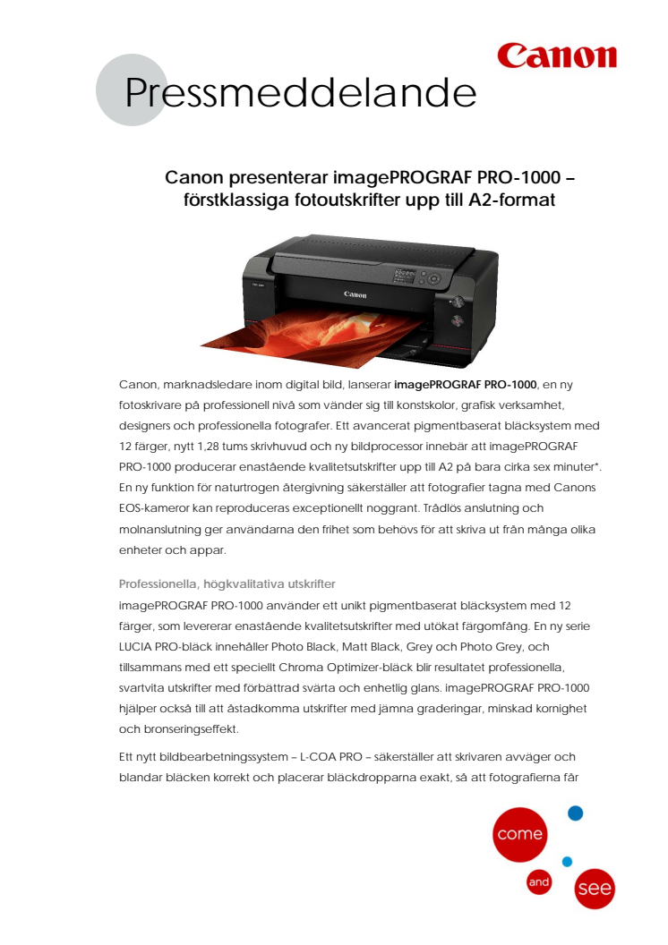 Canon presenterar imagePROGRAF PRO-1000 – förstklassiga fotoutskrifter upp till A2-format