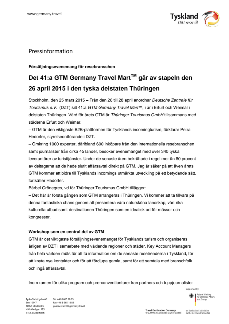 41:a GTM Germany Travel Mart går av stapeln den 26 april 2015 i den tyska delstaten Thüringen