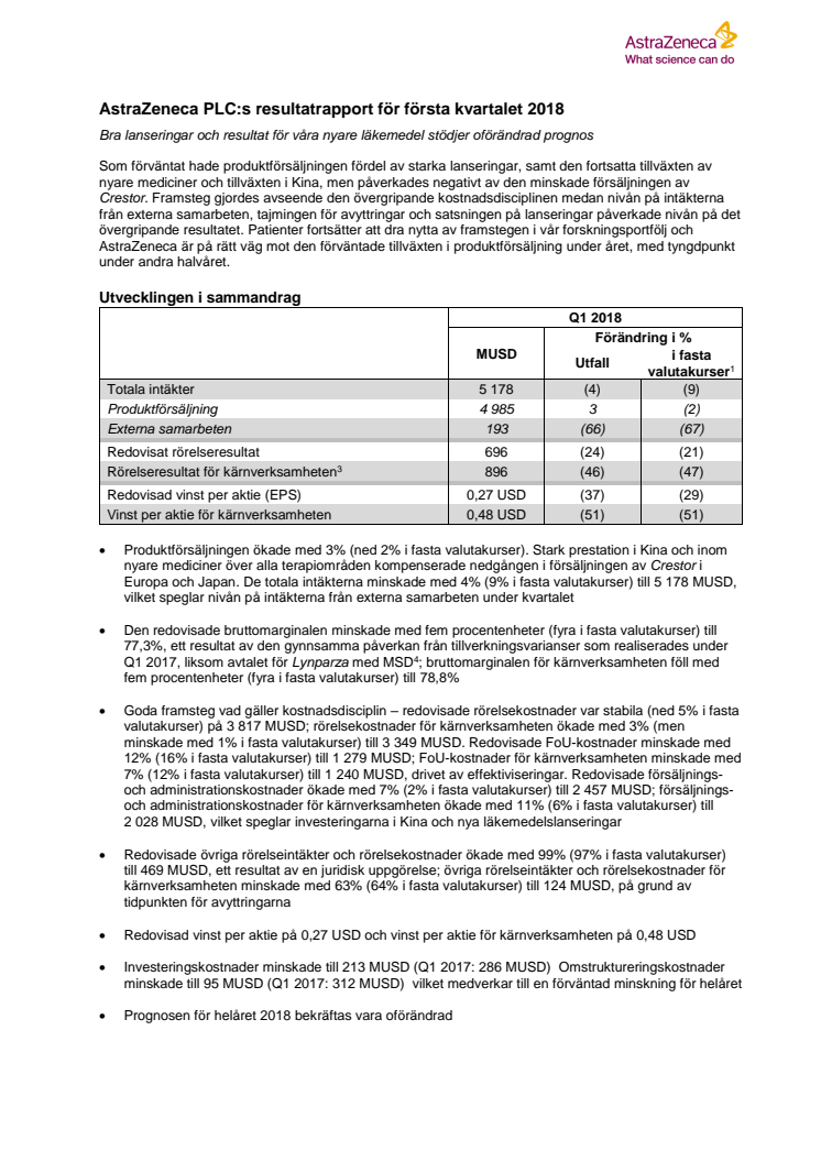 Svensk sammanfattning av resultatrapporten Q1 2018