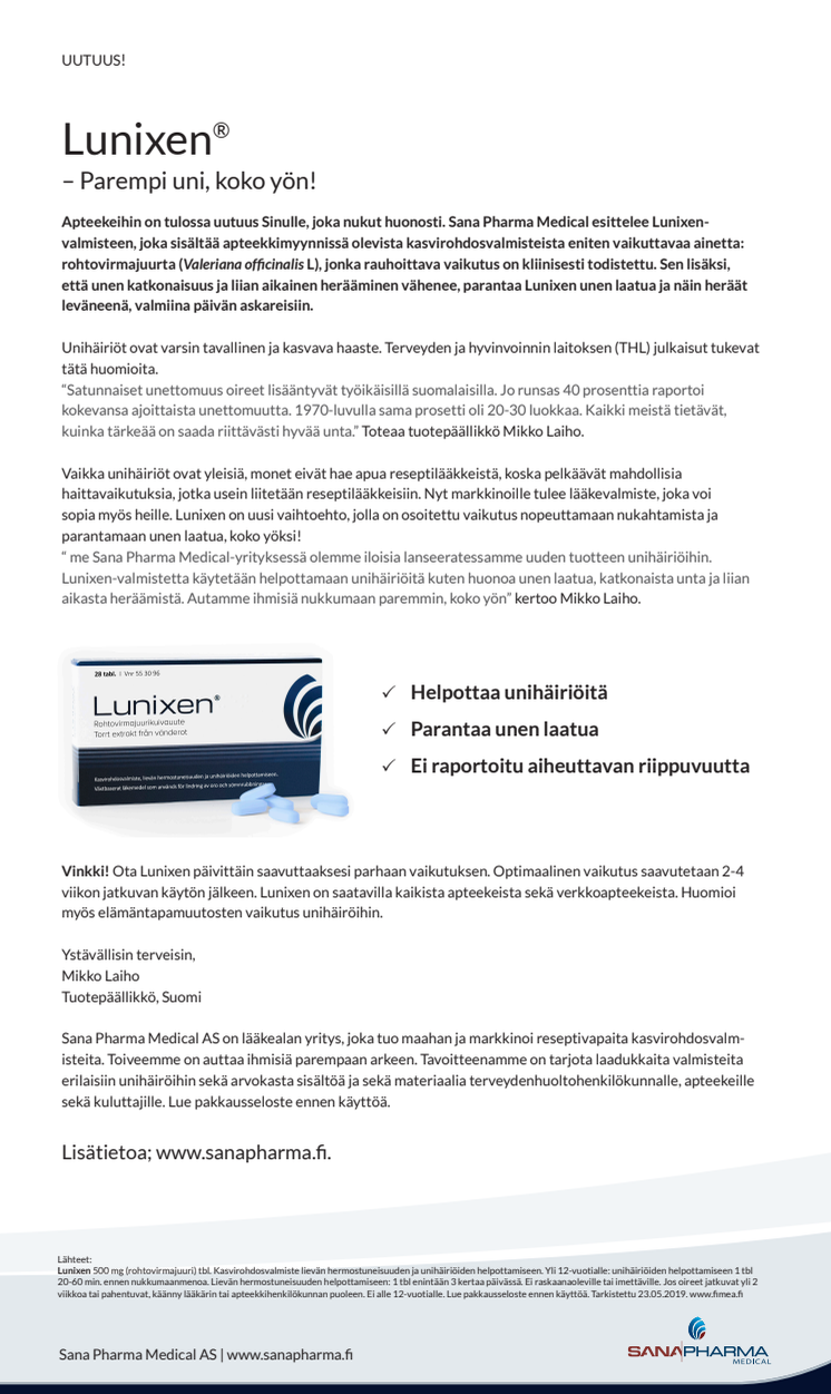 Uutuustuote Lunixen helpottaa unihäiriöitä