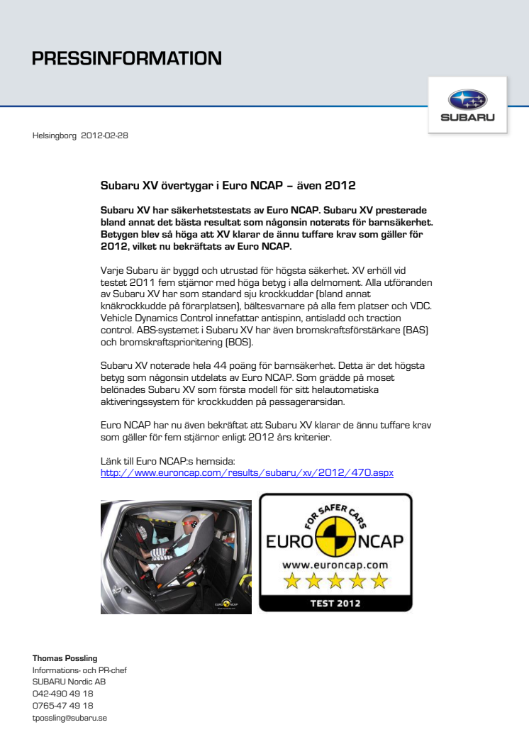 Subaru XV övertygar i Euro NCAP – även 2012