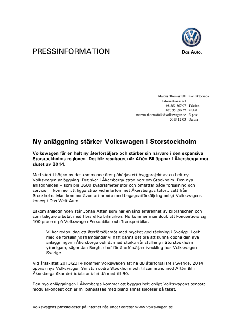 Ny anläggning stärker Volkswagen i Storstockholm 