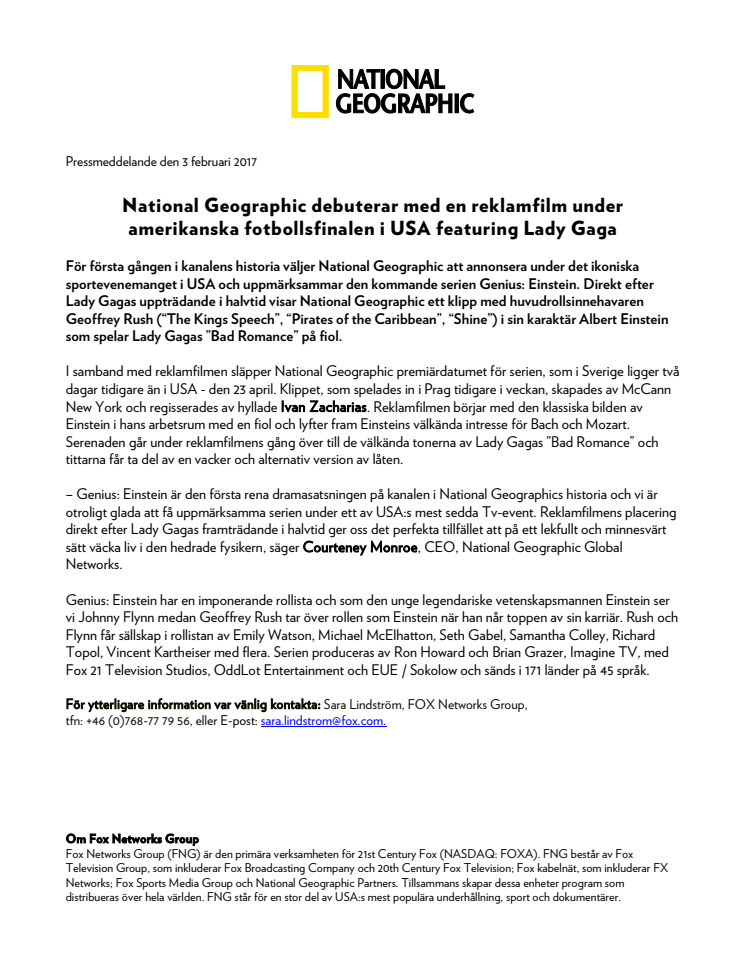 National Geographic debuterar med en reklamfilm under amerikanska fotbollsfinalen i USA featuring Lady Gaga