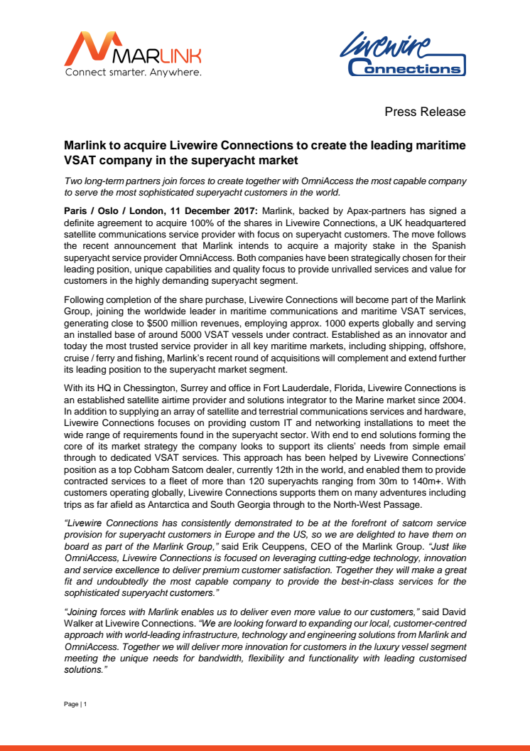 Marlink to acquire Livewire Connections to create the leading maritime VSAT company in the superyacht market