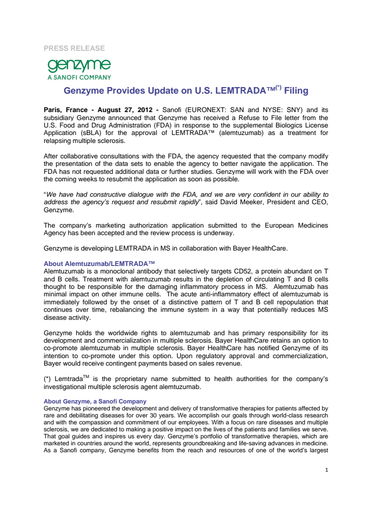 Genzyme Provides Update on U.S. LEMTRADA™(*) Filing