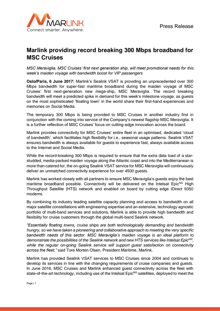 Marlink: Marlink providing record breaking 300 Mbps broadband for MSC Cruises 