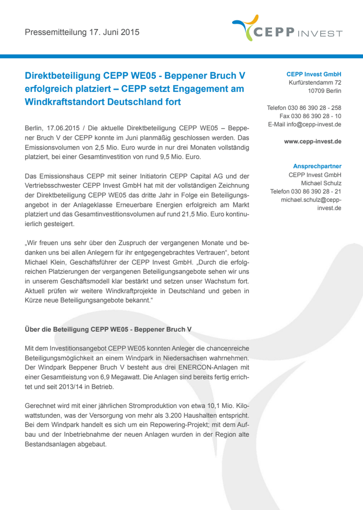 Direktbeteiligung CEPP WE05 – Beppener Bruch V erfolgreich platziert – CEPP setzt Engagement am Windkraftstandort Deutschland fort
