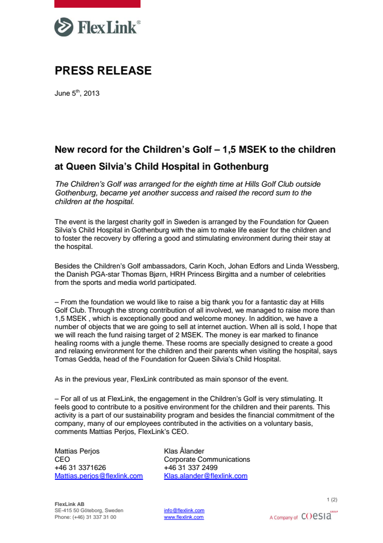 New record for the Children’s Golf – 1,5 MSEK to the children at Queen Silvia’s Child Hospital in Gothenburg