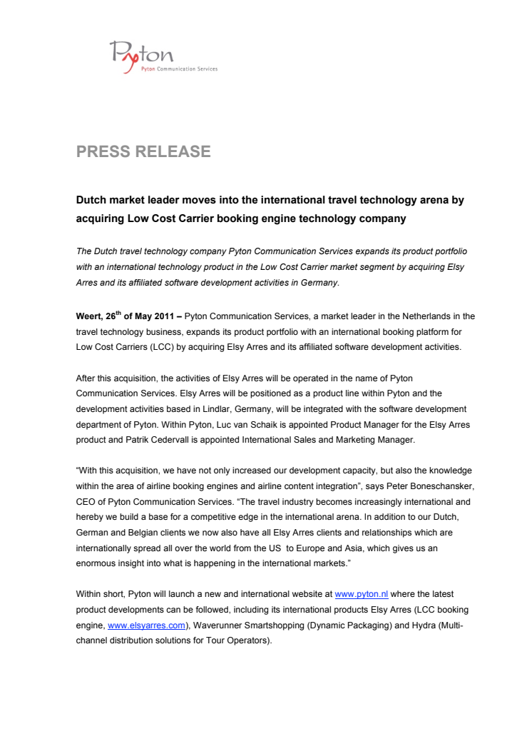 Dutch market leader moves into the international travel technology arena by acquiring Low Cost Carrier booking engine technology company