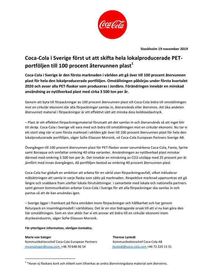 Coca-Cola i Sverige först ut att skifta hela lokalproducerade PET-portföljen till 100 procent återvunnen plast*