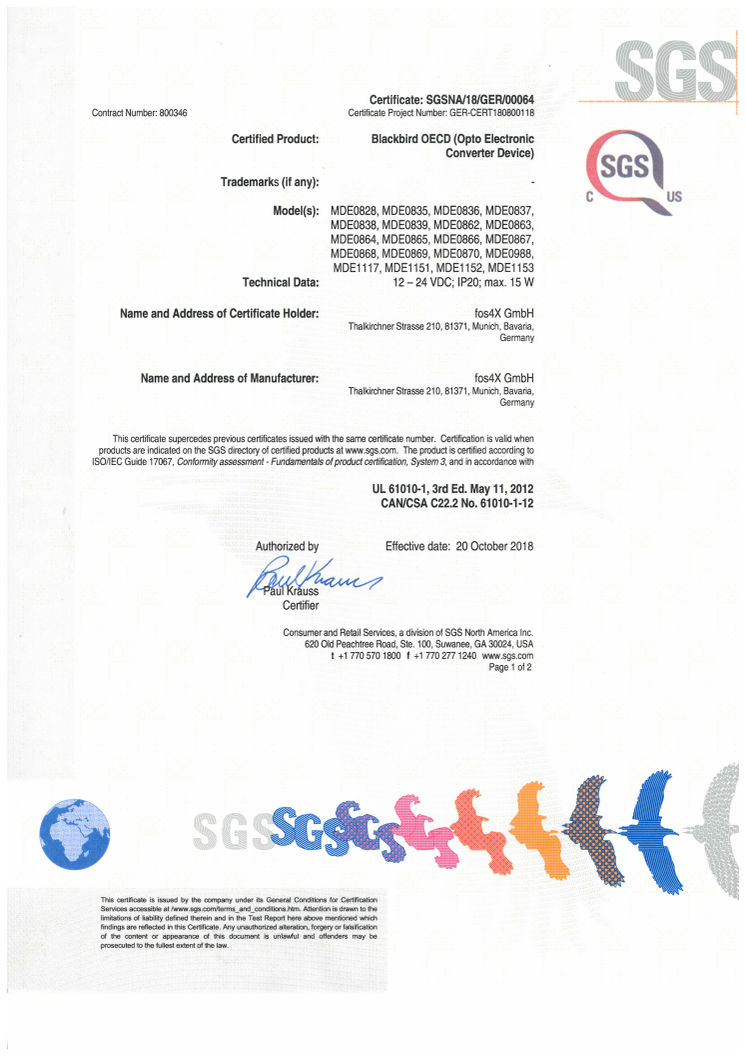 Blackbird SGS Certificate
