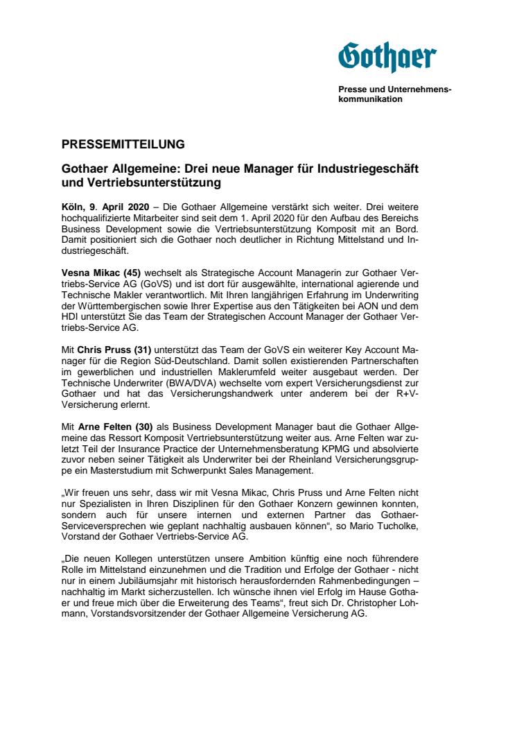 Gothaer Allgemeine: Drei neue Manager für Industriegeschäft und Vertriebsunterstützung 