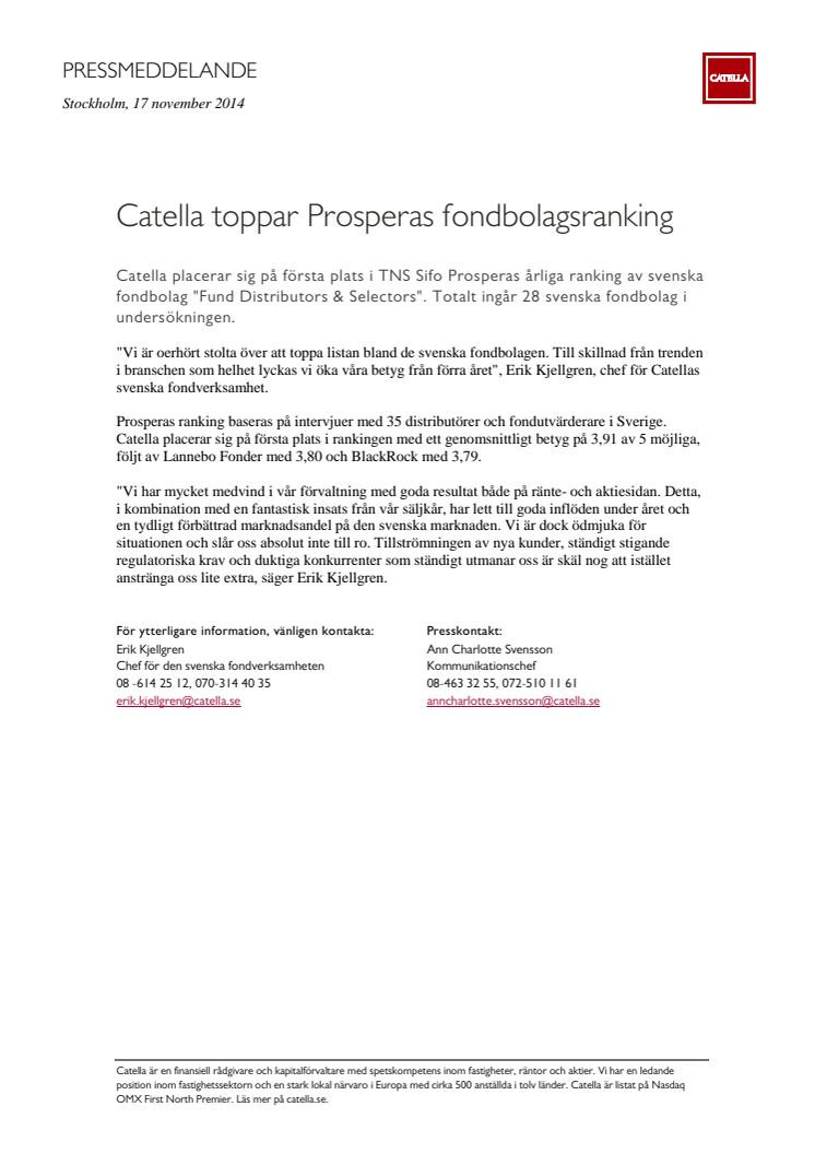 Catella toppar Prosperas fondbolagsranking