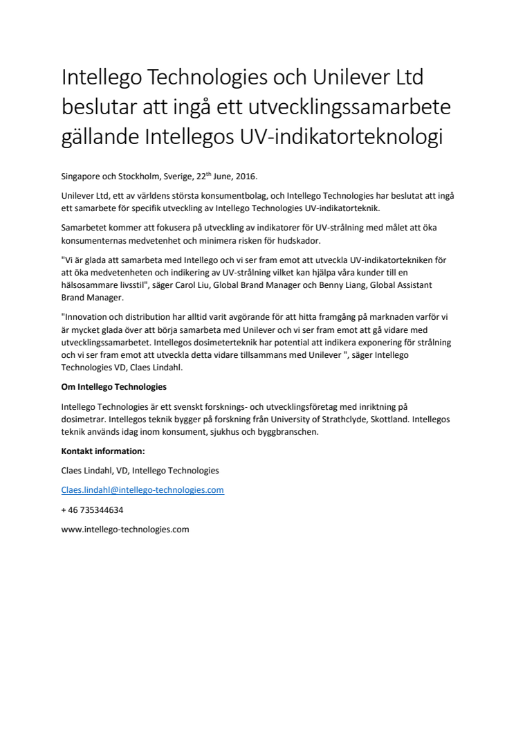 Svenskt startup startar globalt samarbete med Unilever för dess UV indikator teknologi