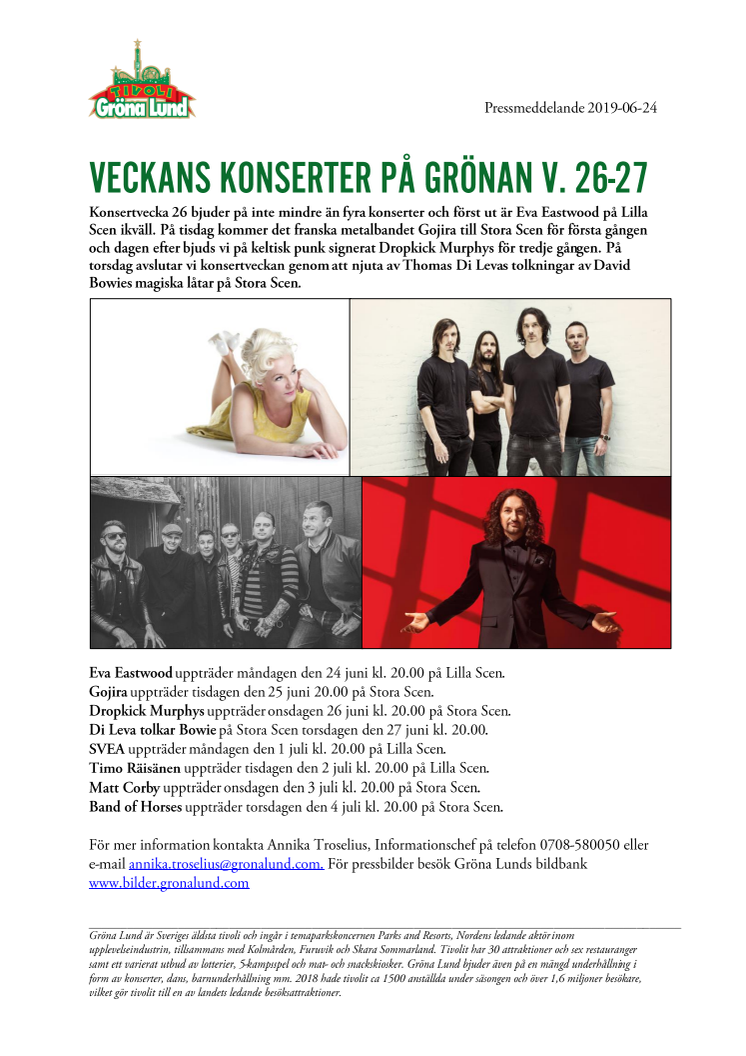 Veckans konserter på Grönan V. 26-27