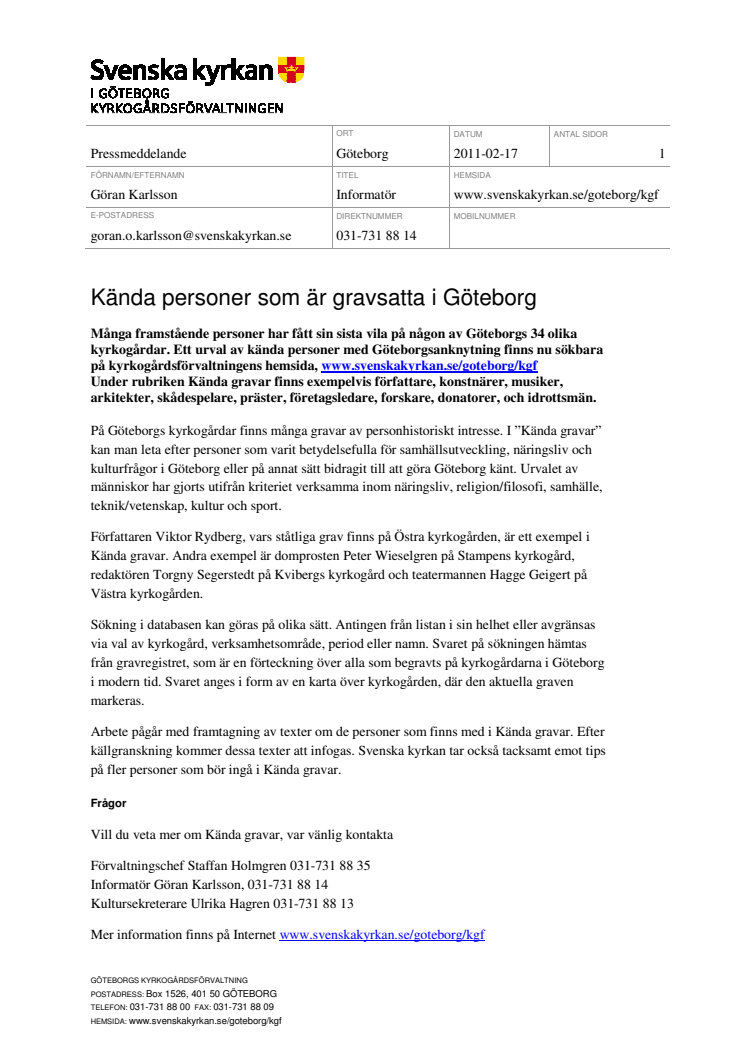 Kända personer som är gravsatta i Göteborg