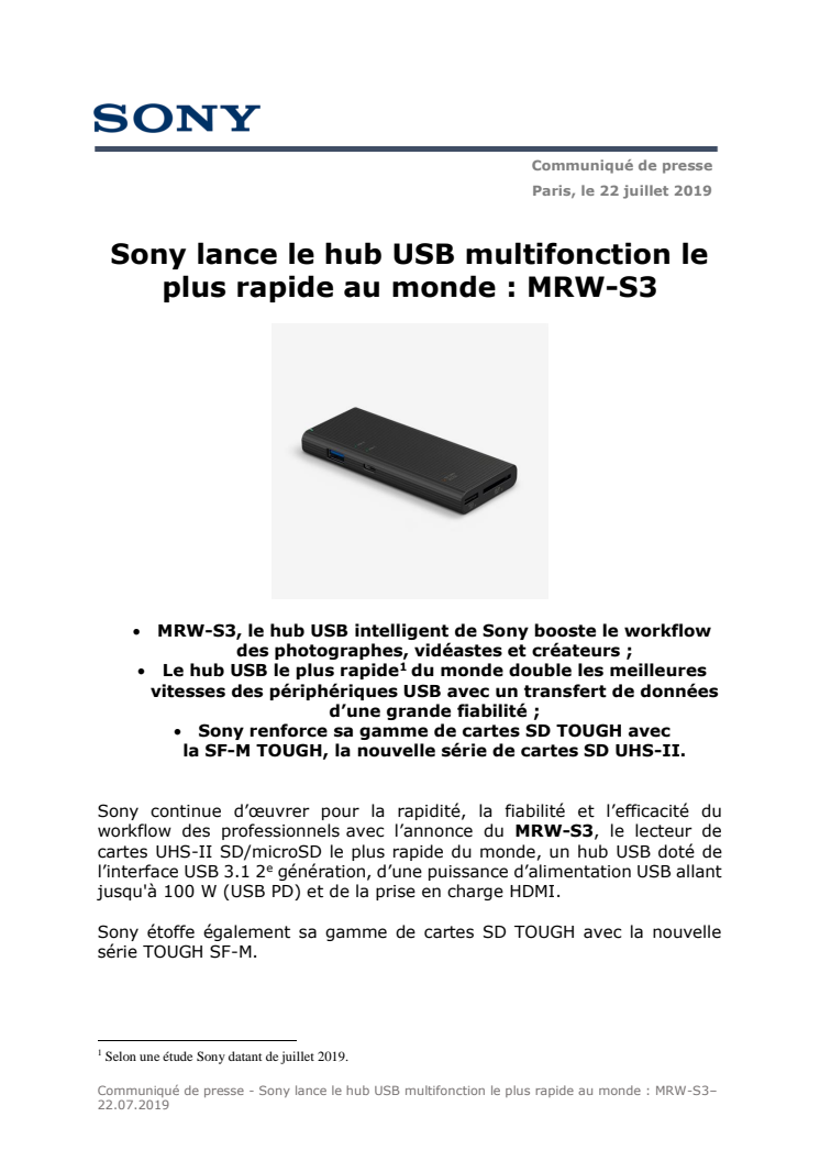 ​Sony lance le hub USB multifonction le plus rapide au monde : MRW-S3