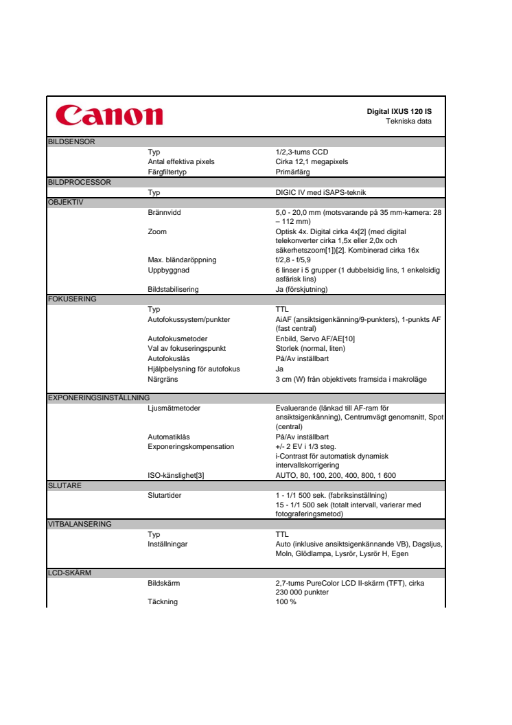 Teknisk specifikation IXUS 120IS 