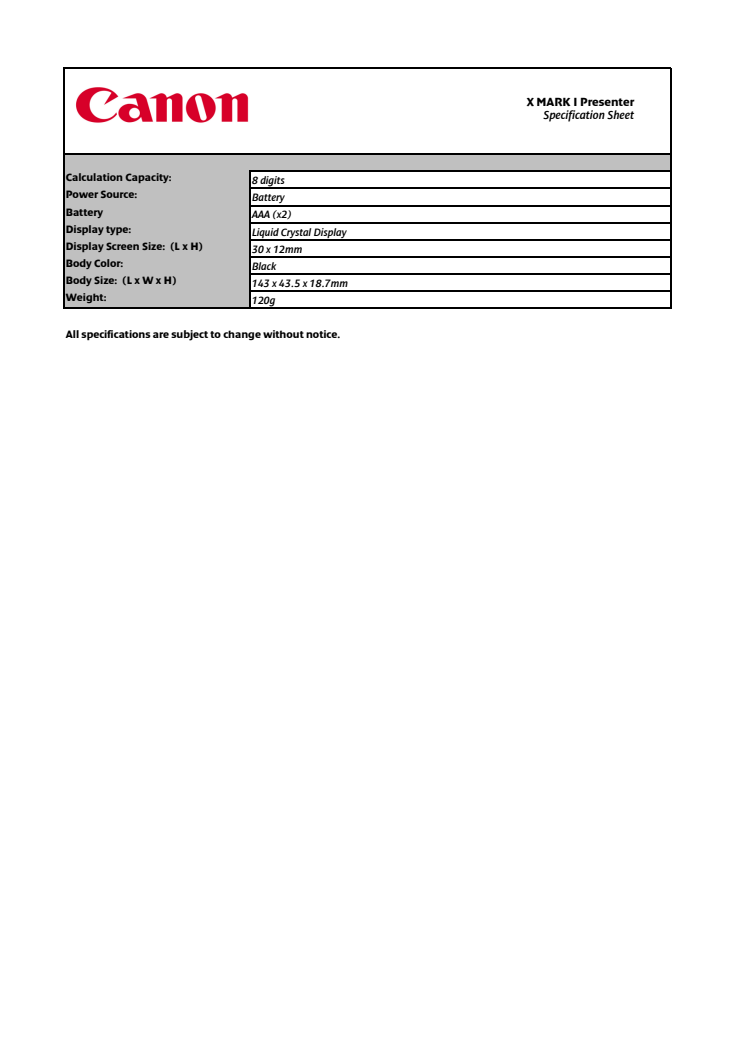 Canon X MARK I Presenter Tekniska specifikationer