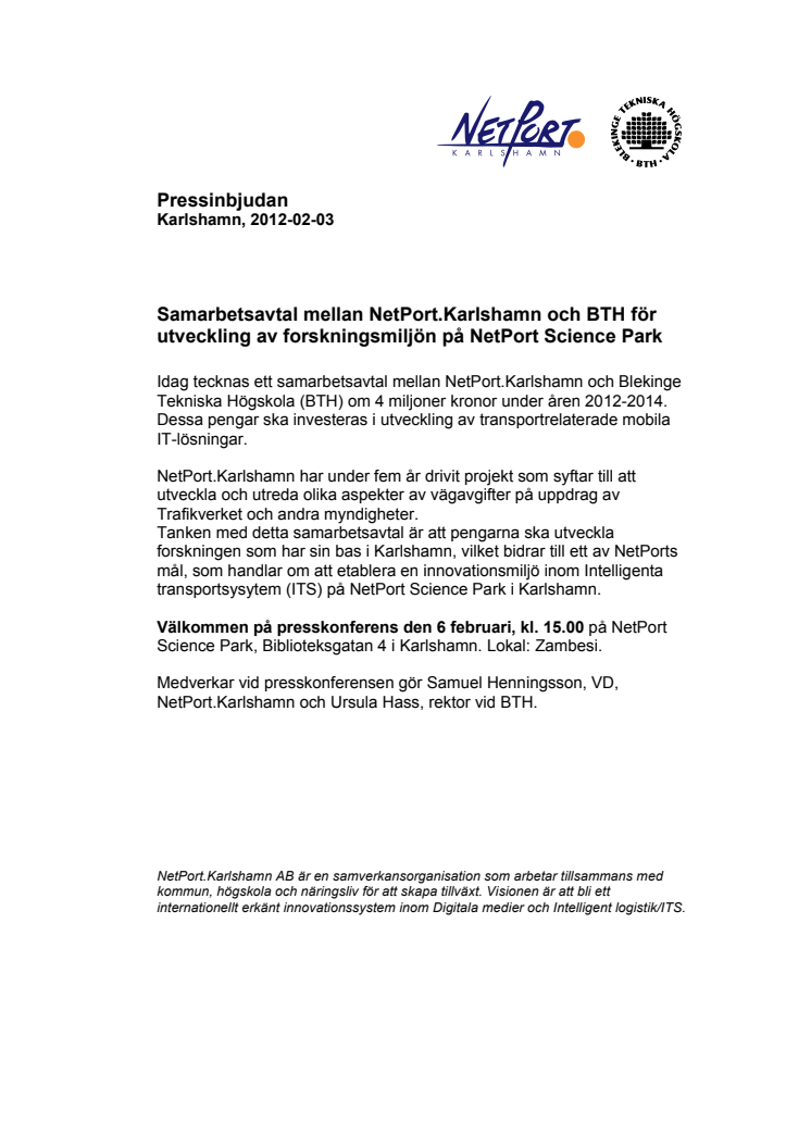Samarbetsavtal mellan NetPort.Karlshamn och BTH för utveckling av forskningsmiljön på NetPort Science Park 