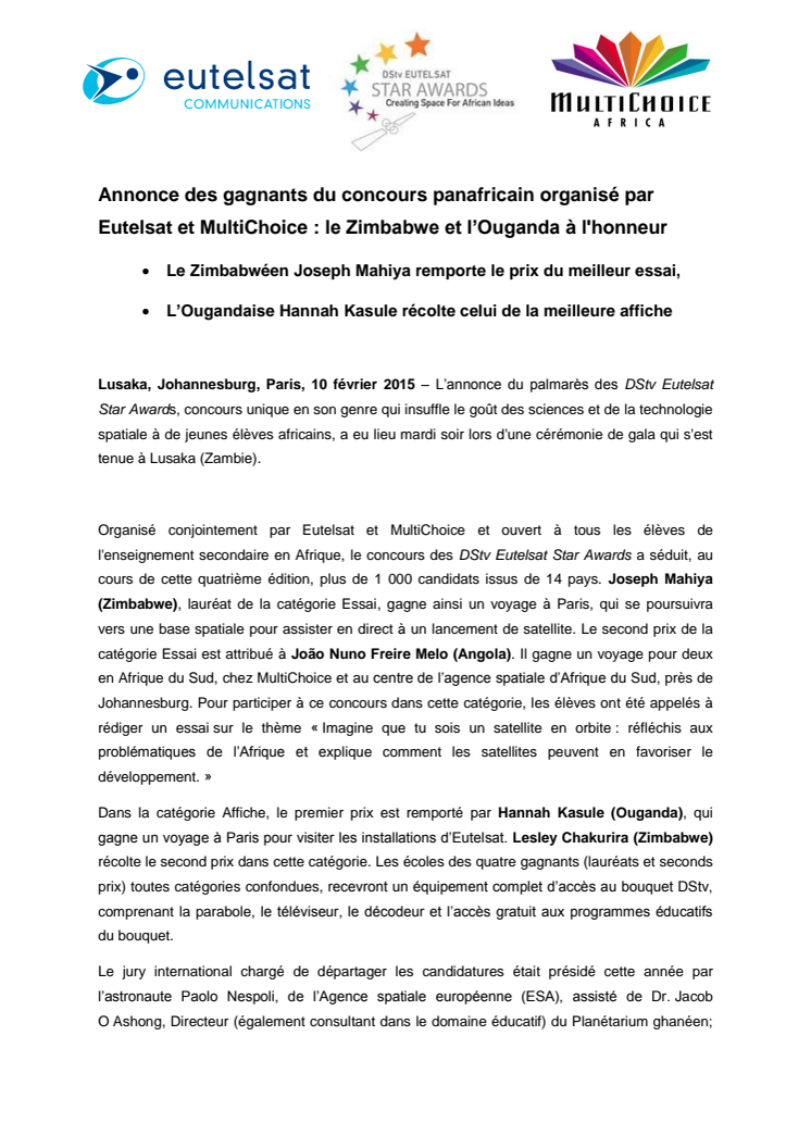 Annonce des gagnants du concours panafricain organisé par Eutelsat et MultiChoice : le Zimbabwe et l’Ouganda à l'honneur