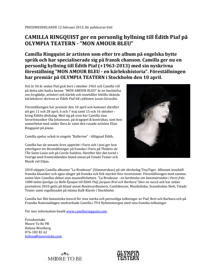 CAMILLA RINGQUIST ger en personlig hyllning till Édith Piaf på OLYMPIA TEATERN - ”MON AMOUR BLEU”