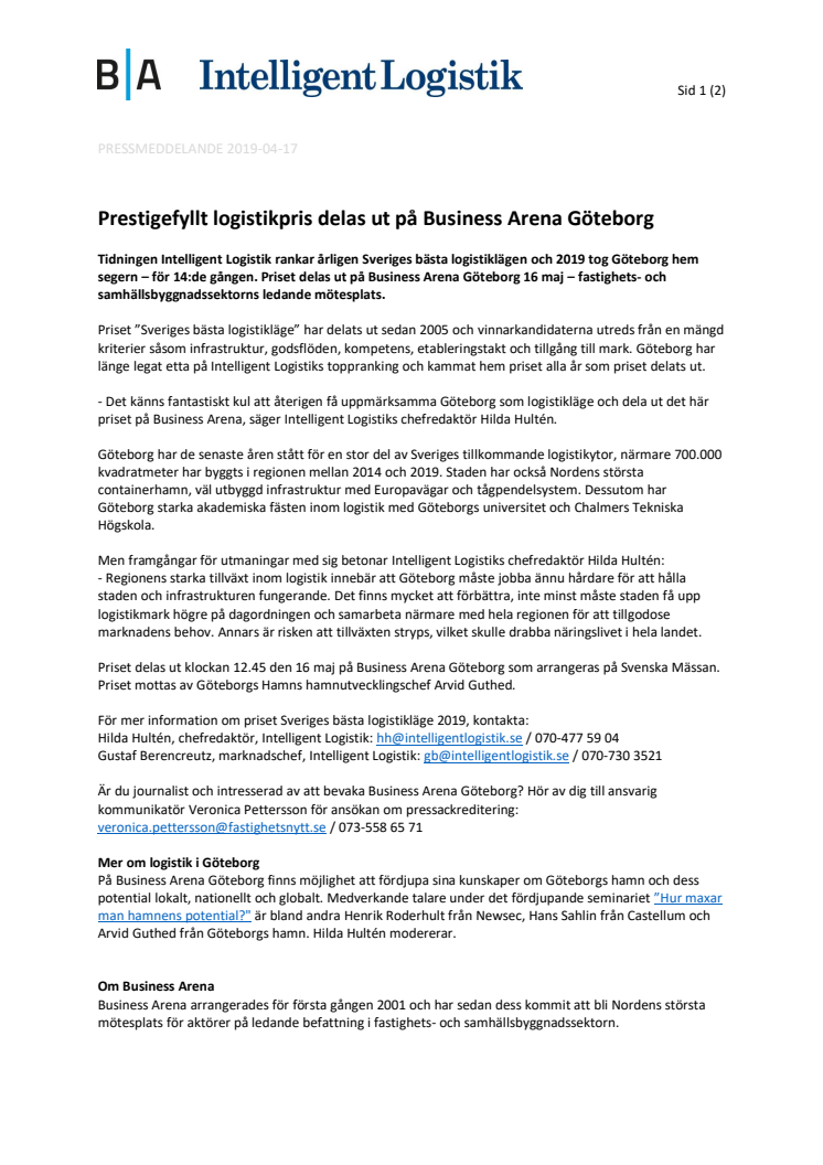 Prestigefyllt logistikpris delas ut på Business Arena Göteborg