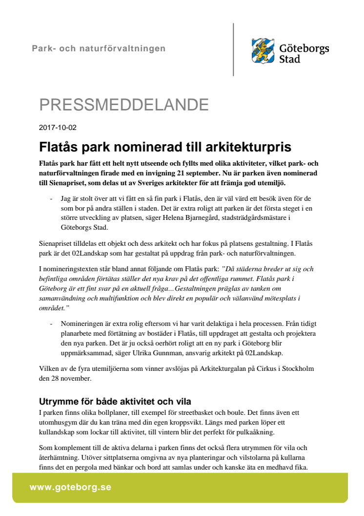 Flatås park nominerad till arkitekturpris