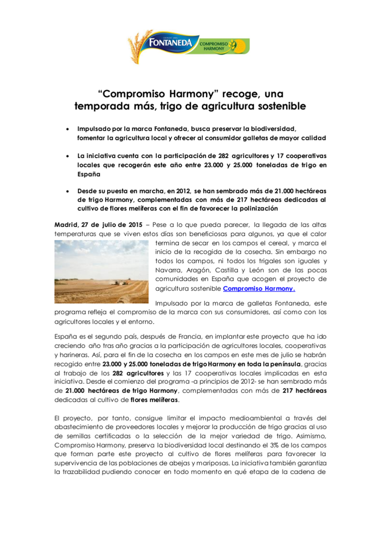 “Compromiso Harmony” recoge, una temporada más, trigo de agricultura sostenible