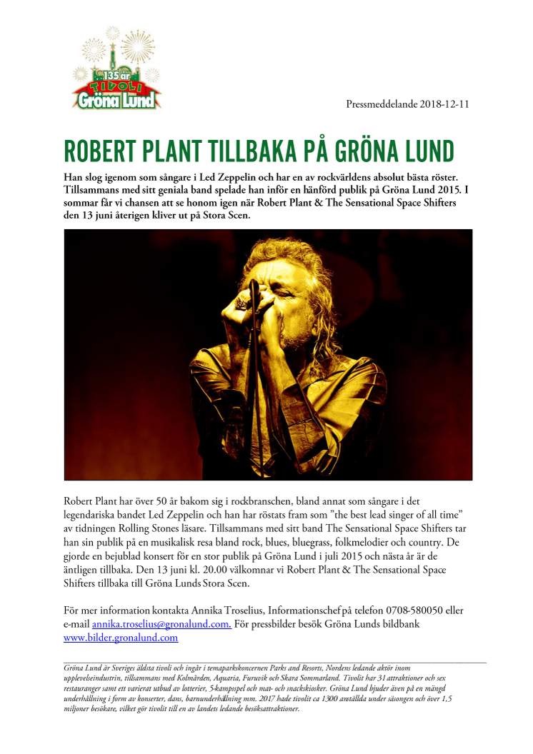 Robert Plant tillbaka på Gröna Lund