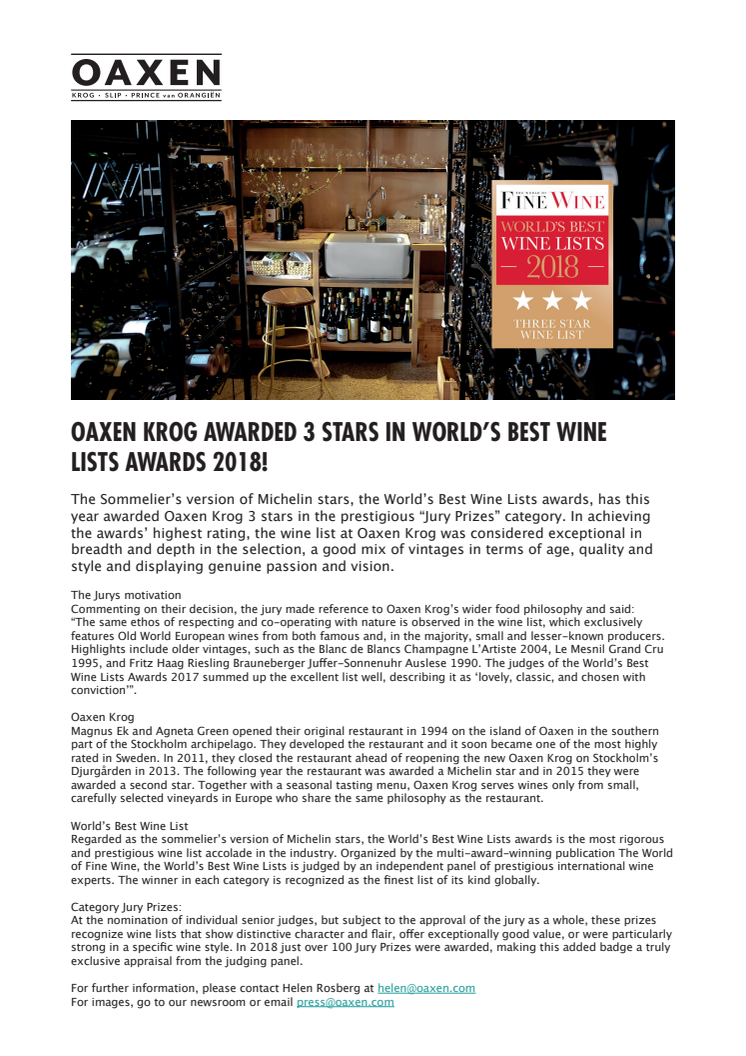 Oaxen Krog awarded 3 stars in World’s Best Wine Lists Awards 2018