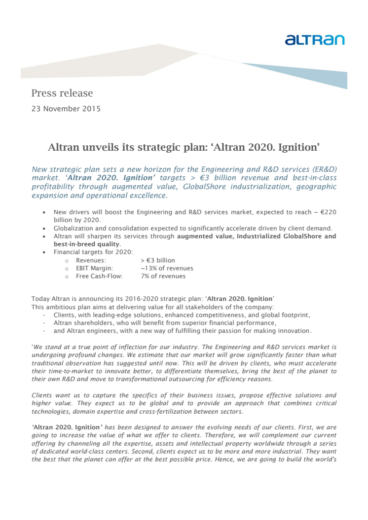 Altran unveils its strategic plan: ‘Altran 2020. Ignition’