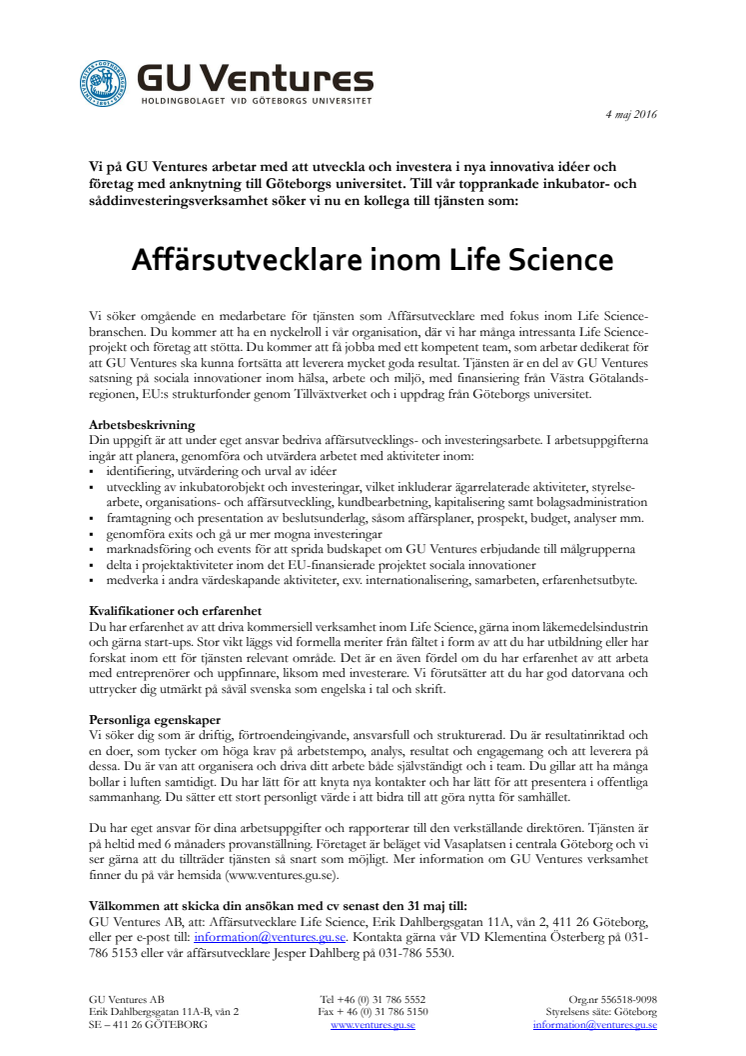 GU Ventures söker ny medarbetare: Affärsutvecklare inom Life Science