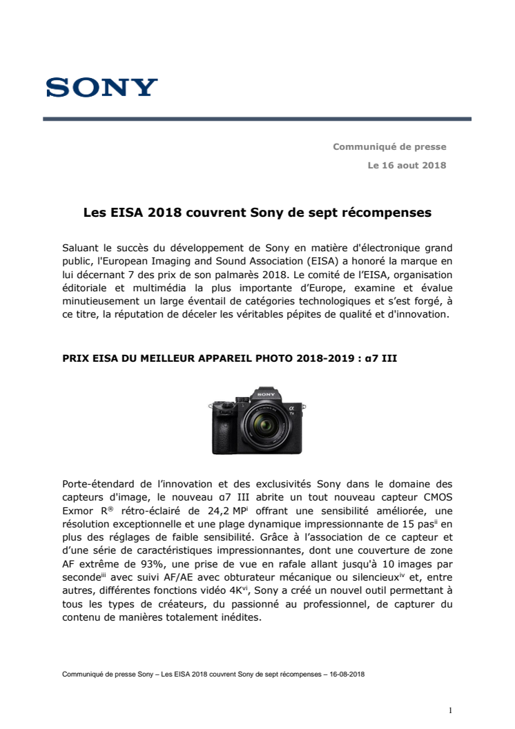 Les EISA 2018 couvrent Sony de sept récompenses