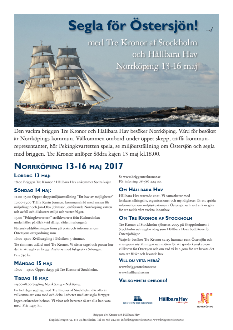Briggen Tre Kronor / Hållbara Hav gästar Norrköping 13-16 maj