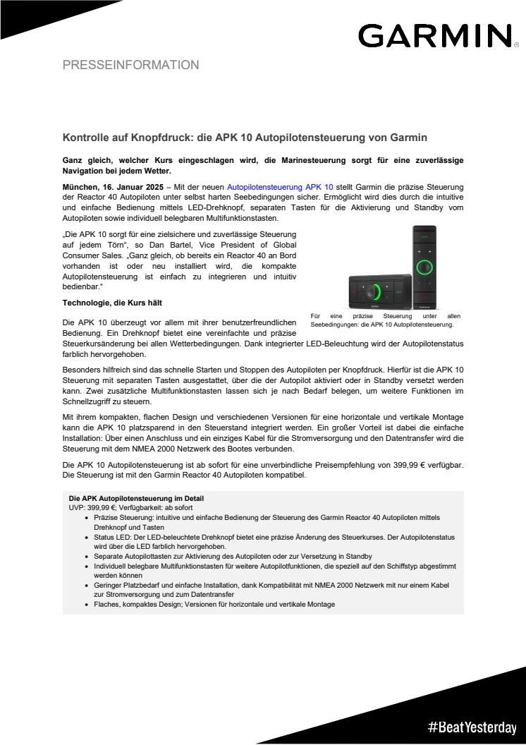 PM Garmin APK 10 Autopilotensteuerung