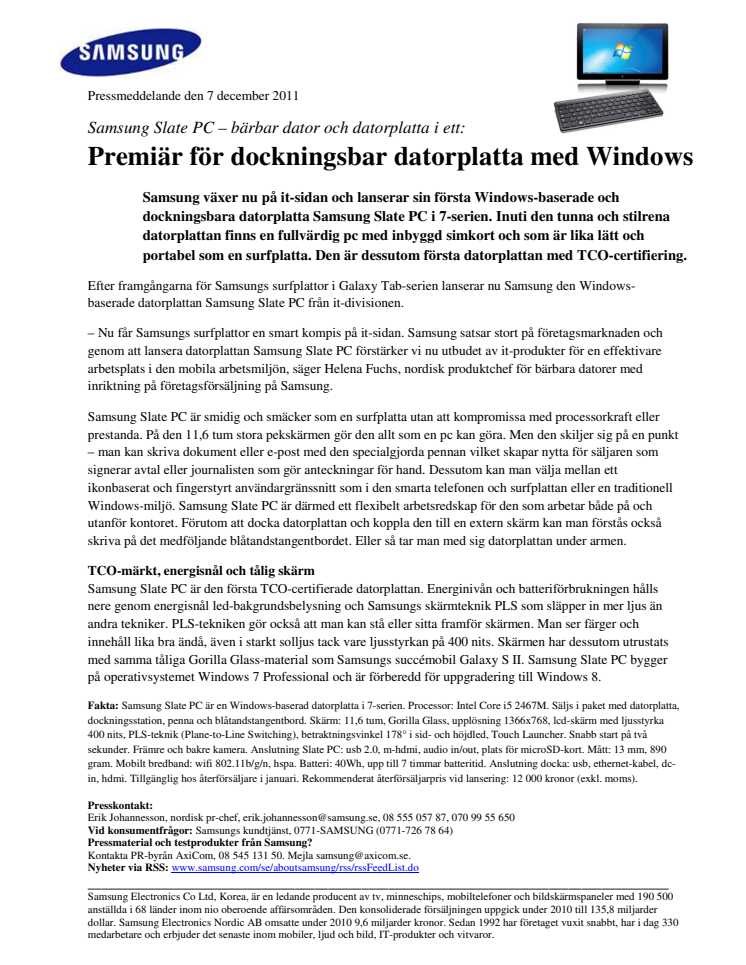 Samsung Slate PC – bärbar dator och datorplatta i ett: Premiär för dockningsbar datorplatta med Windows