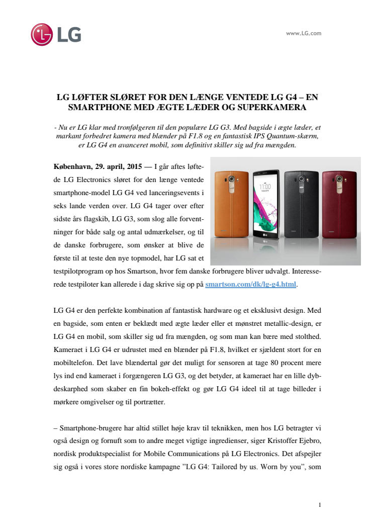 LG LØFTER SLØRET FOR DEN LÆNGE VENTEDE LG G4 – EN SMARTPHONE MED ÆGTE LÆDER OG SUPERKAMERA