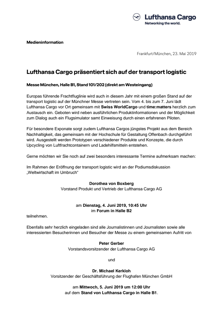 Lufthansa Cargo präsentiert sich auf der transport logistic