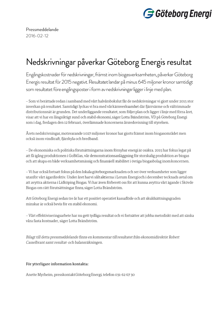 Nedskrivningar påverkar Göteborg Energis resultat