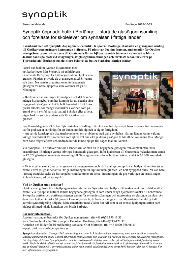 Synoptik öppnade butik i Borlänge – startade glasögoninsamling och föreläste för skolelever om synhälsan i fattiga länder