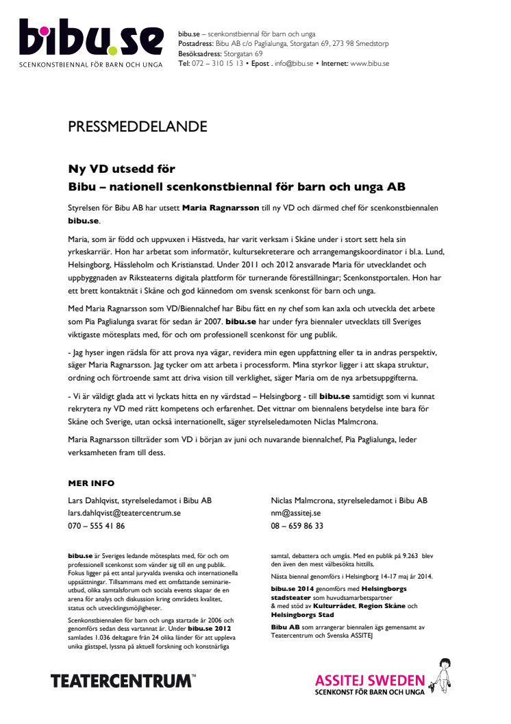 Ny VD utsedd för Bibu – nationell scenkonstbiennal för barn och unga AB