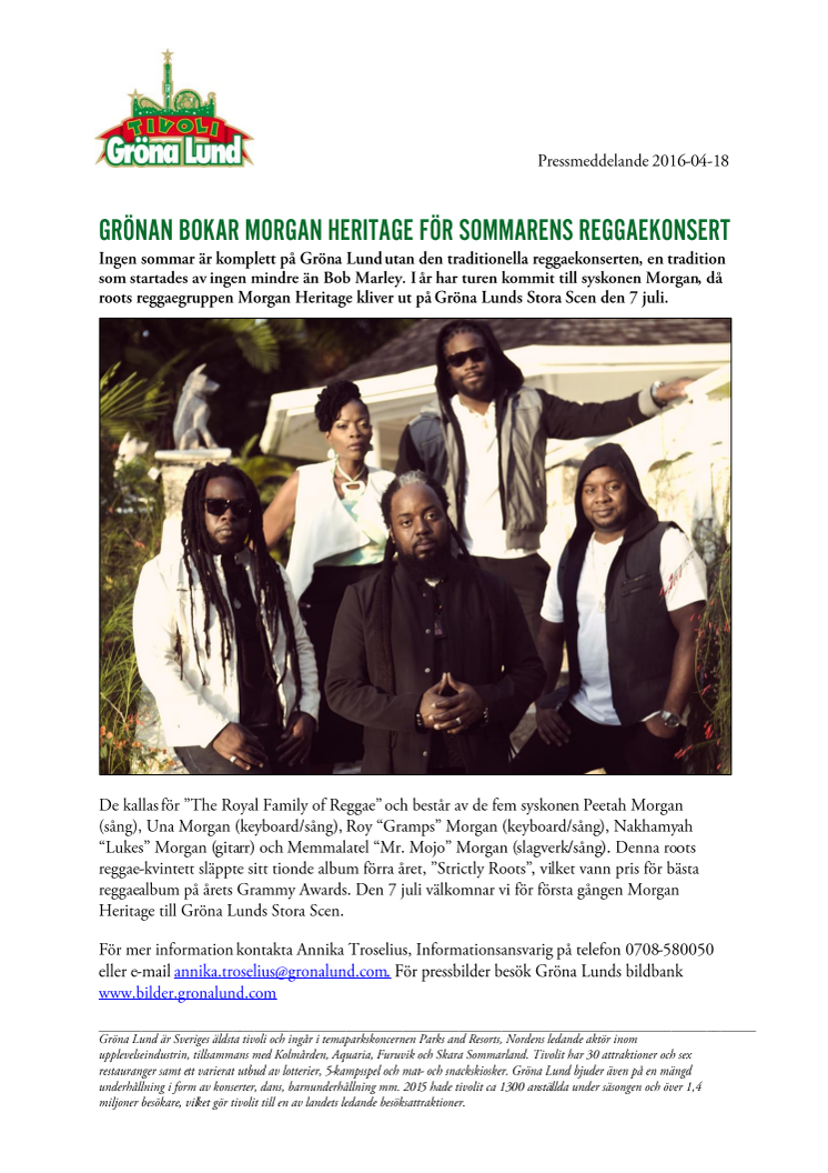 Grönan bokar Morgan Heritage för sommarens reggaekonsert
