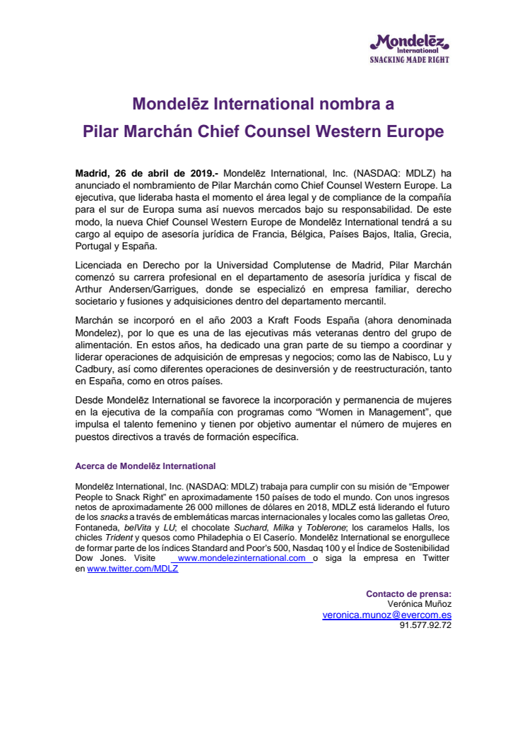 Mondelēz International nombra a  Pilar Marchán Chief Counsel Western Europe