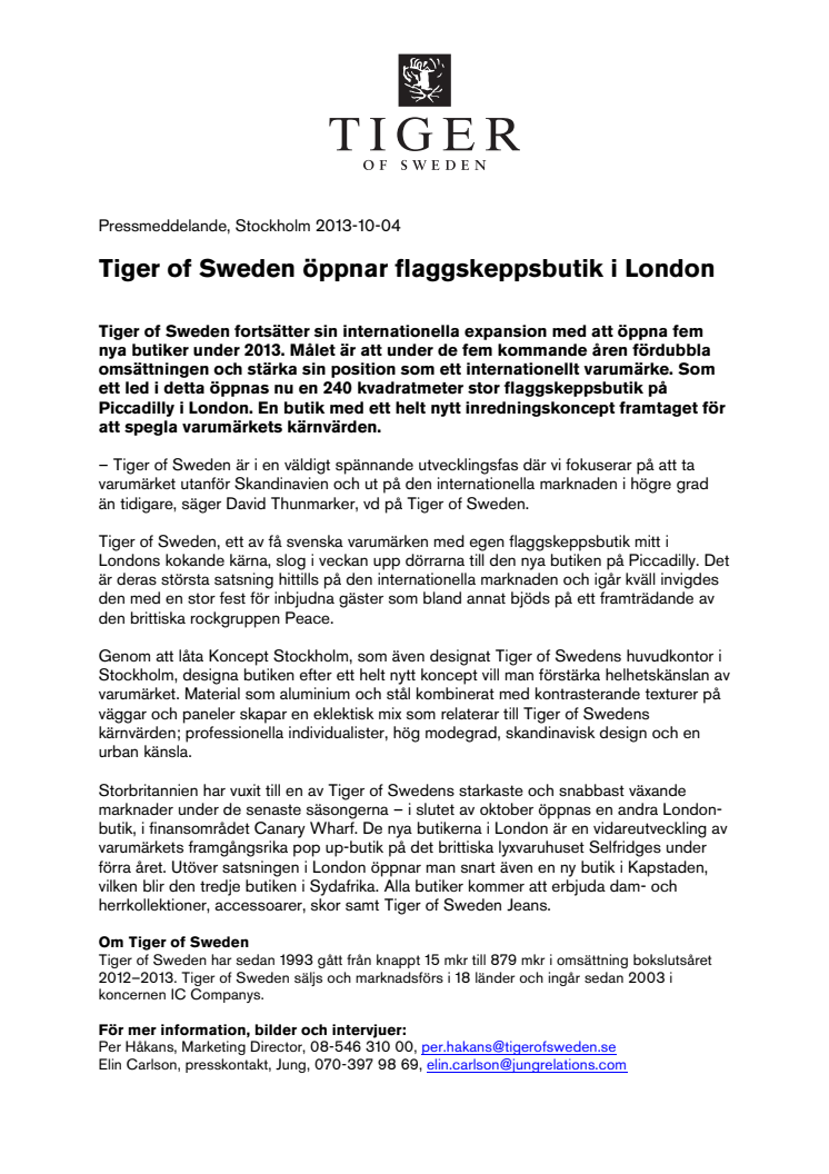 Tiger of Sweden öppnar flaggskeppsbutik i London