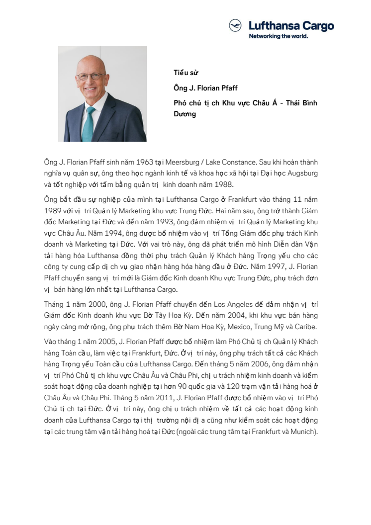 Biography J. Florian Pfaff, Vice President Asia Pacific Lufthansa Cargo AG, vietnamese