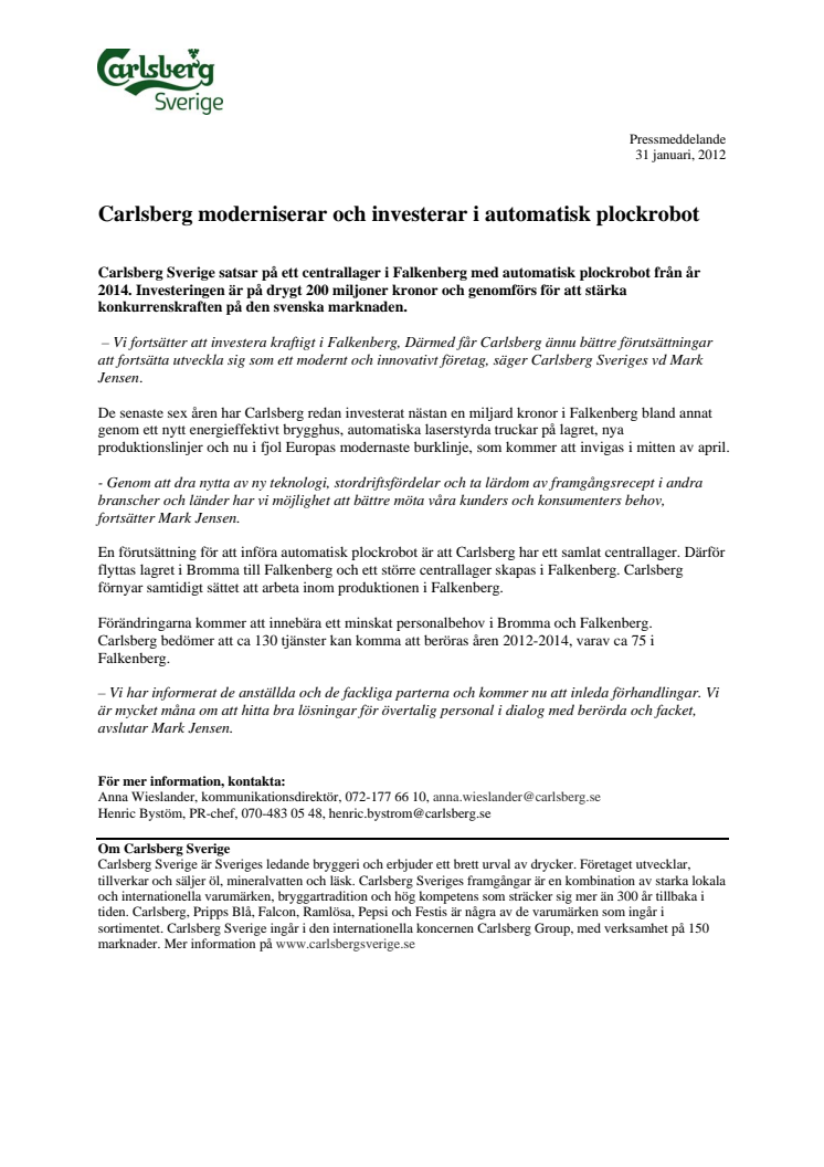 Carlsberg moderniserar och investerar i automatisk plockrobot