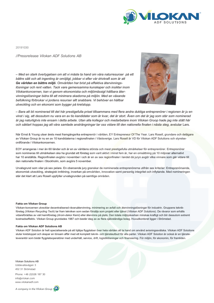 Lars Rosell, VD Vilokan ADF Solutions är nominerad till årets entreprenör…