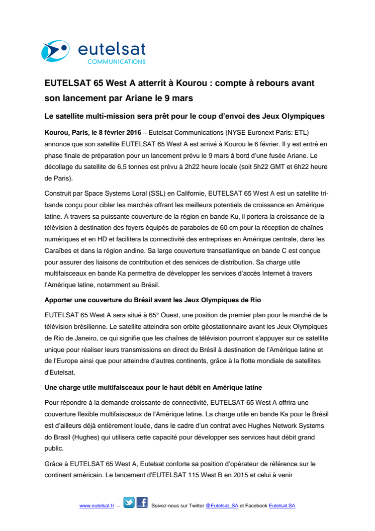 EUTELSAT 65 West A atterri à Kourou : compte à rebours avant son lancement par Ariane le 9 mars 