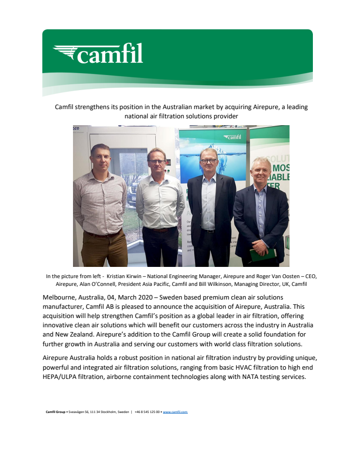 Camfil strengthens its position in the Australian market by acquiring Airepure, a leading national air filtration solutions provider